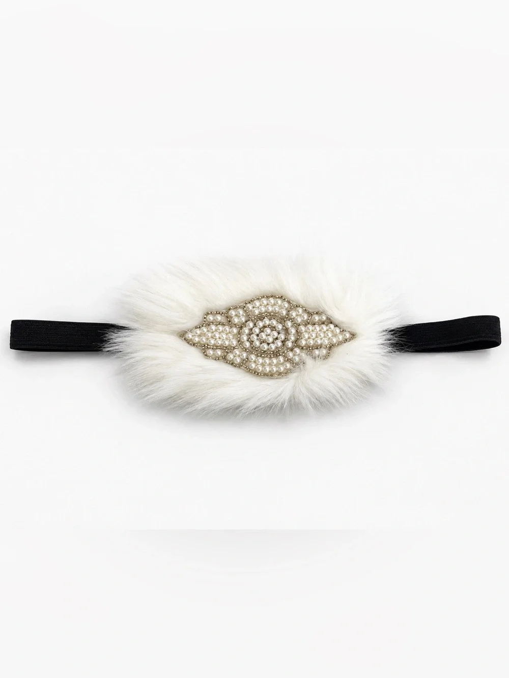 Pearl Embellished White Faux Fur Headband - Women Accessories